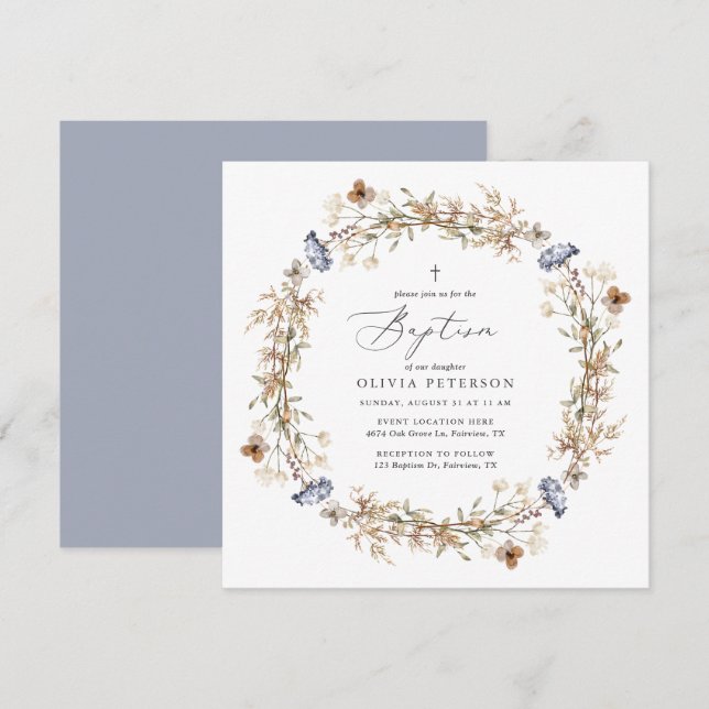 Dusty Blue Boho Wildflower Baptism Invitation (Front/Back)