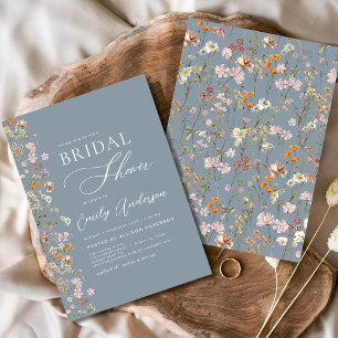 Dusty Blue Boho Wildflower Bridal Shower Elegant Invitation