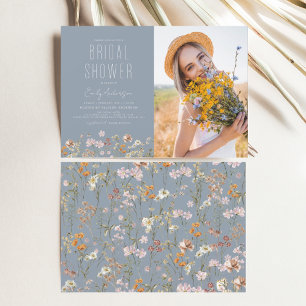 Dusty Blue Boho Wildflower Bridal Shower Photo Invitation