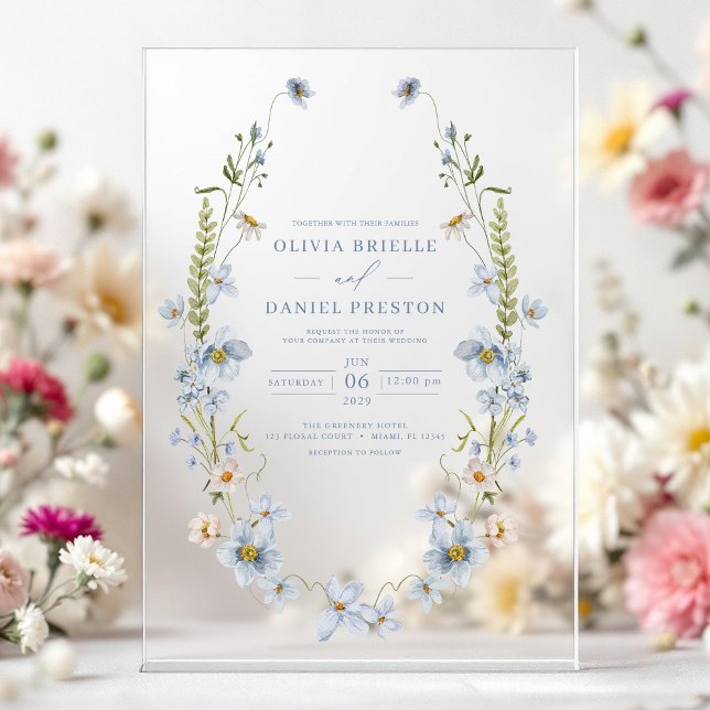 Dusty Blue Boho Wildflower Garden Wedding Acrylic Invitations (Creator Uploaded)