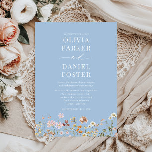 Dusty Blue Boho Wildflower Minimalist Wedding  Invitation