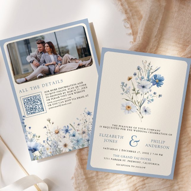 Dusty Blue Boho Wildflower Photo QR Code Wedding Invitation (Creator Uploaded)