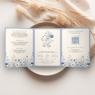 Dusty Blue Boho Wildflower Photo QR Code Wedding Tri-Fold Invitation