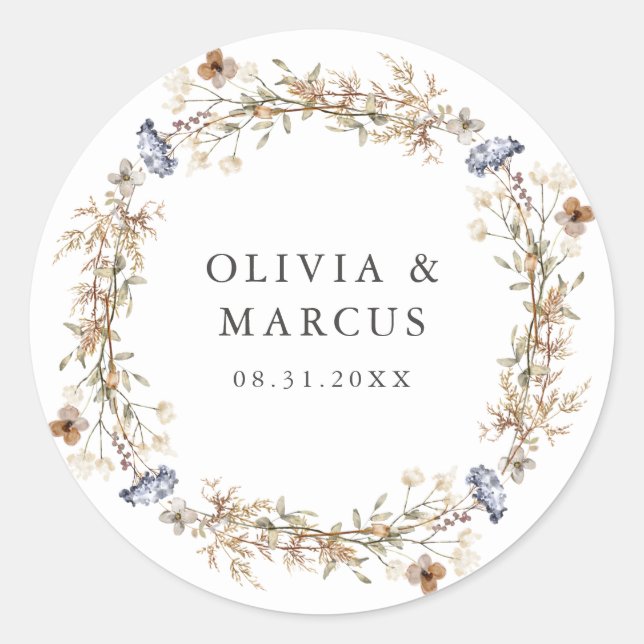 Dusty Blue Boho Wildflower Wreath Wedding Classic Round Sticker (Front)