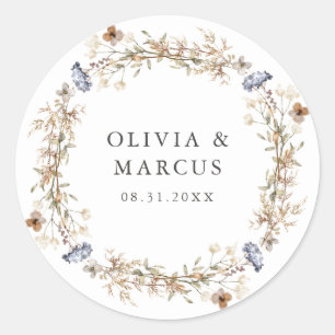 Dusty Blue Boho Wildflower Wreath Wedding Classic Round Sticker