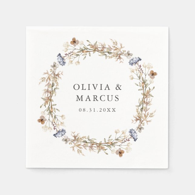 Dusty Blue Boho Wildflower Wreath Wedding Napkin (Front)