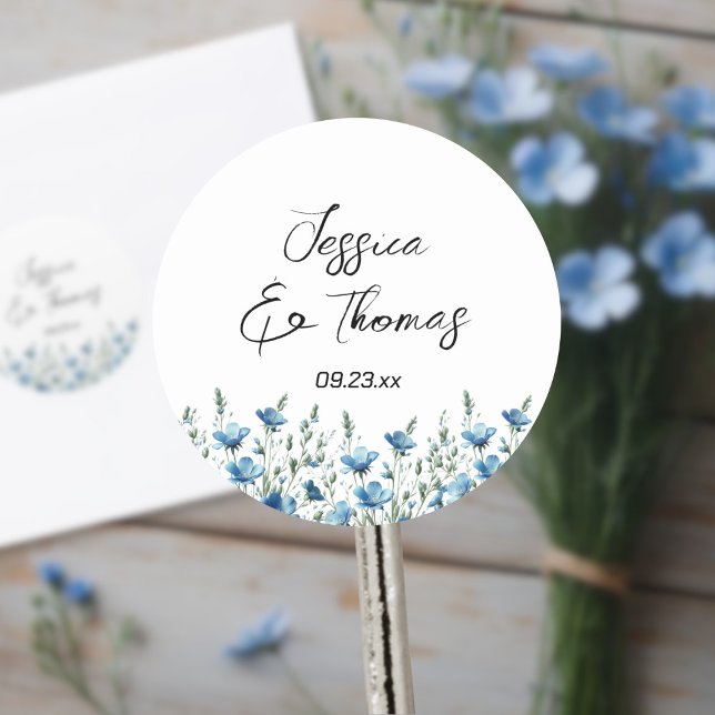 Dusty Blue Boho Wildflowers Couple's Names Wedding Classic Round Sticker (Creator Uploaded)