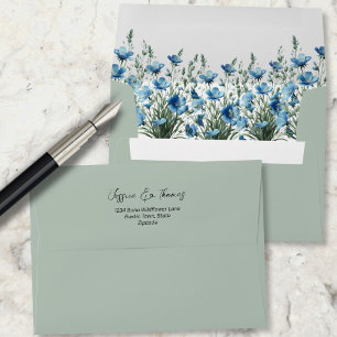 Dusty Blue Boho Wildflowers Sage Green Wedding Envelope