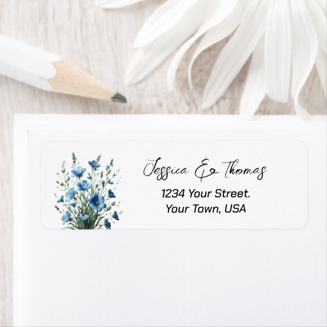 Dusty Blue Boho Wildflowers Wedding Return Address (Insitu)