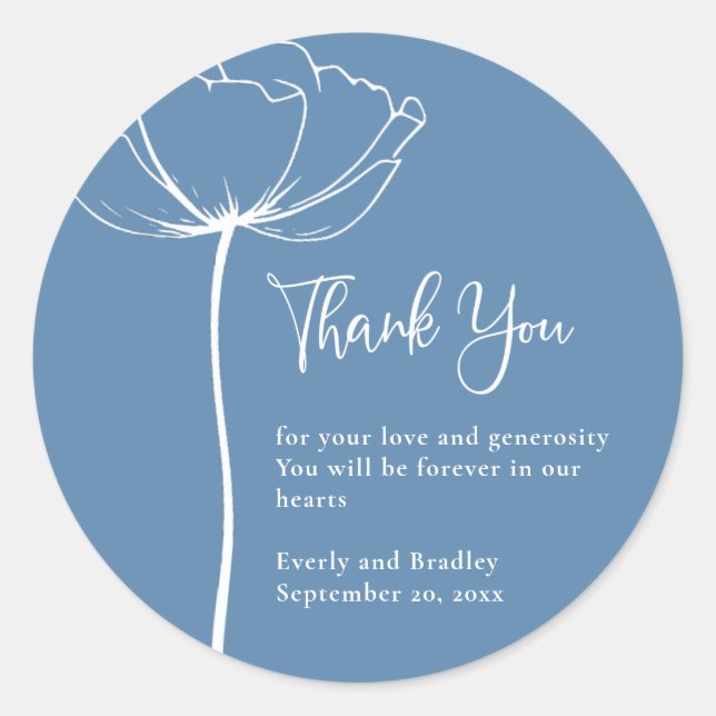 Dusty Blue Bold Elegant Floral Wedding Thank You  Classic Round Sticker (Front)