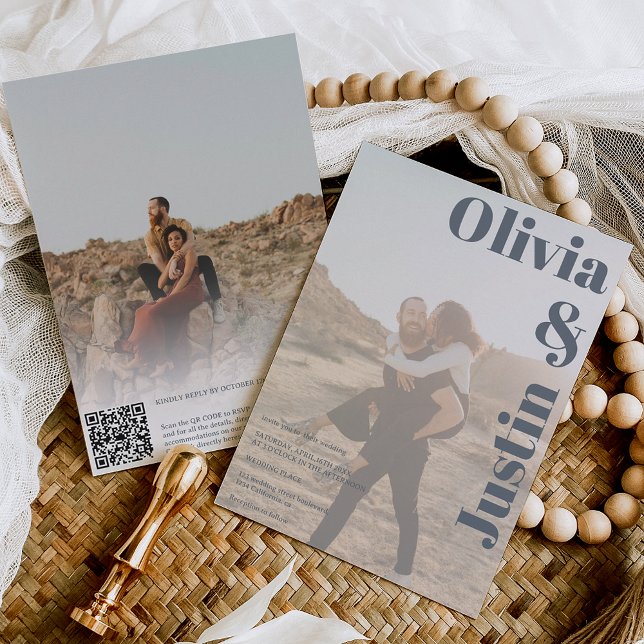Dusty blue bold names 2 photos Qr code wedding Invitation (Creator Uploaded)
