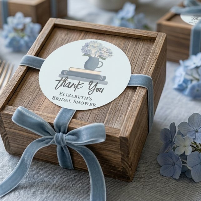 Dusty Blue Books Hydrangea Hand Lettered Thank You Classic Round Sticker (Creator Uploaded)