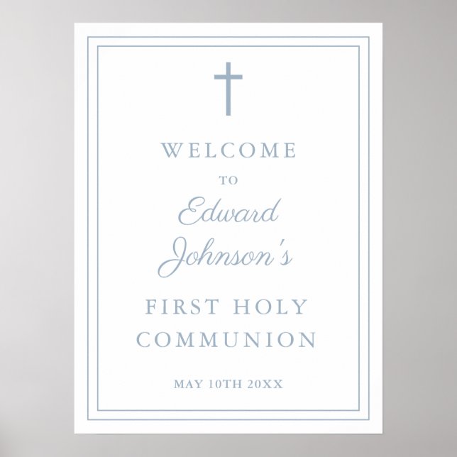Dusty Blue Border Holy Communion Welcome Sign (Front)