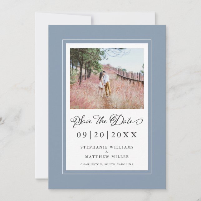 Dusty Blue Borders Photo Save The Date Wedding (Front)