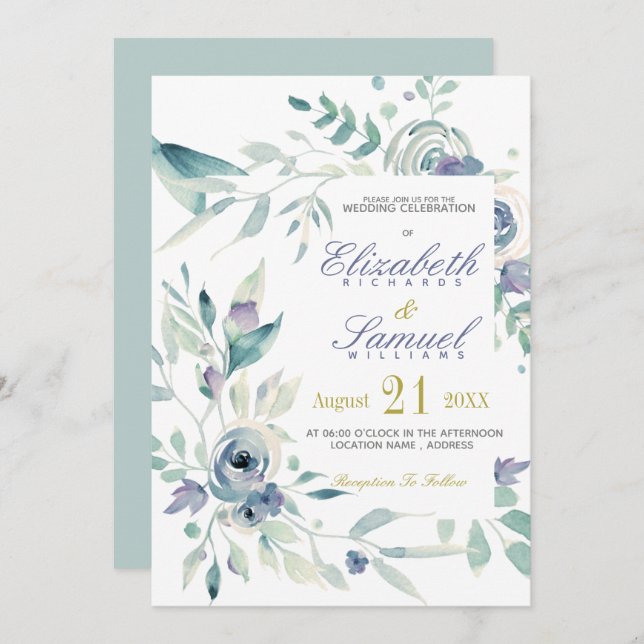 Dusty Blue Botanic Watercolor Elegant Wedding Invitation (Front/Back)