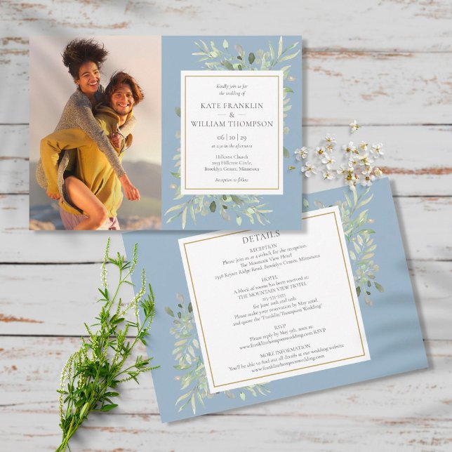 Dusty Blue Botanical All In One Photo Wedding Invitation (Creator Uploaded)
