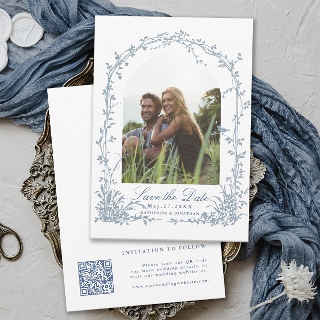 Dusty Blue Botanical Arch Garden Wedding Photo Save The Date (Front & Back)