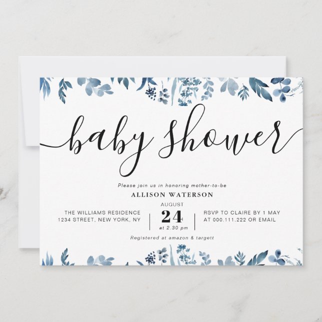 dusty blue botanical baby shower invitation (Front)