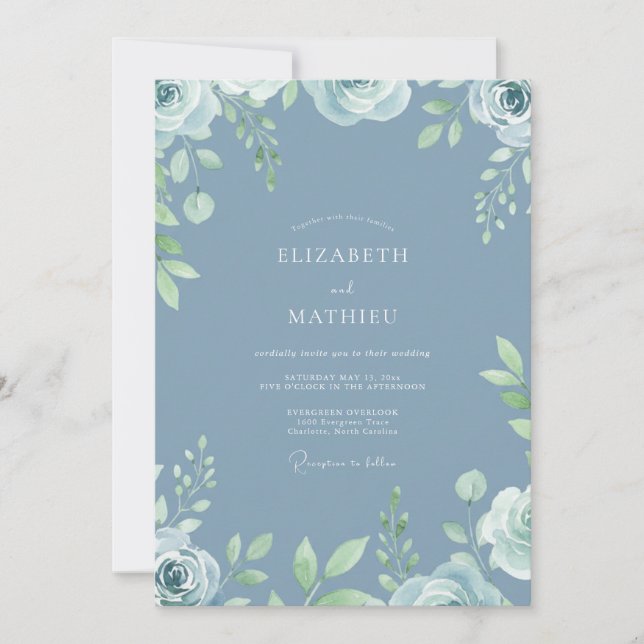 Dusty Blue Botanical Blossom Wedding Invitation (Front)