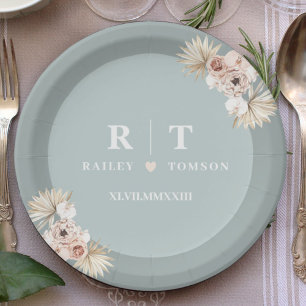 Dusty Blue Botanical Boho Elegant Wedding Monogram Paper Plate