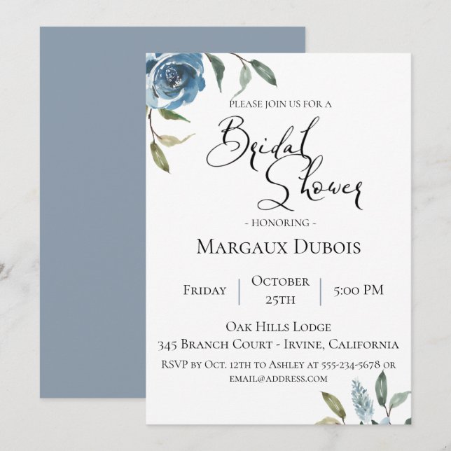Dusty Blue Botanical Bridal Shower Invitation (Front/Back)