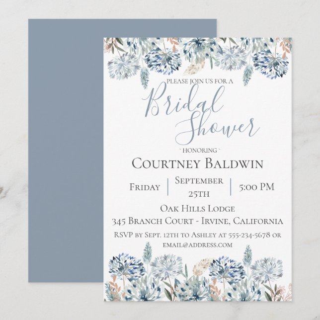 Dusty Blue Botanical Bridal Shower Invitation (Front/Back)