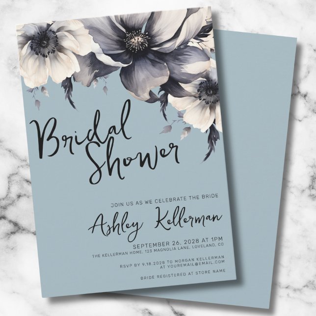 Dusty Blue Botanical Bridal Shower Party Invitation (Cute Elegant Floral Light Blue Bridal Shower Party Invitation)
