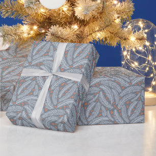 Dusty Blue Botanical Christmas Pine Tree Leaf Wrapping Paper