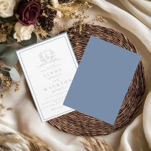 Dusty blue botanical crest monogram wedding invitation