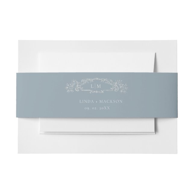 Dusty Blue botanical crest monogram wedding Invitation Belly Band (Front Example)