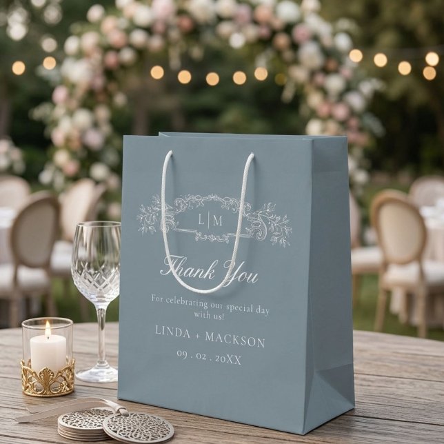 Dusty blue botanical crest monogram wedding large gift bag (Creator Uploaded)
