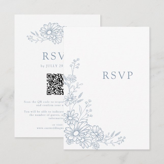 Dusty Blue Botanical Daisy QR Code Wedding RSVP Card (Front/Back)