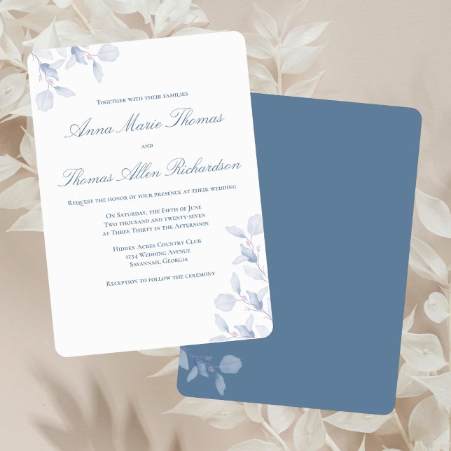 Dusty Blue Botanical Elegant Minimalist Wedding Invitation (Dusty blue floral wedding invitation with rounded corners on soft neutral linen.)