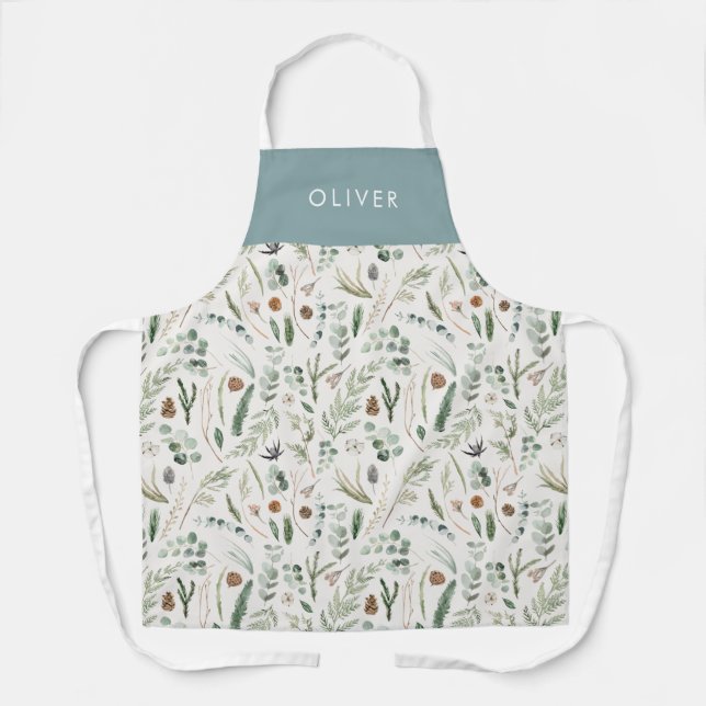 Dusty blue botanical elegant modern family gift apron (Front)