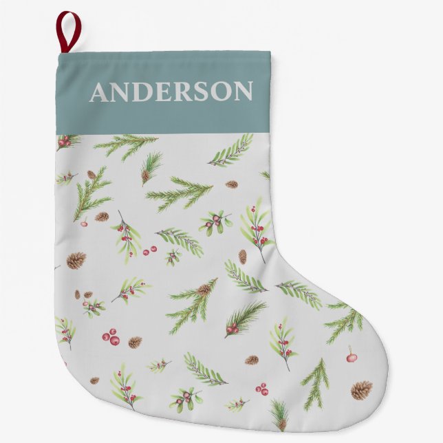 Dusty Blue botanical elegant modern family gift  Large Christmas Stocking (Front)