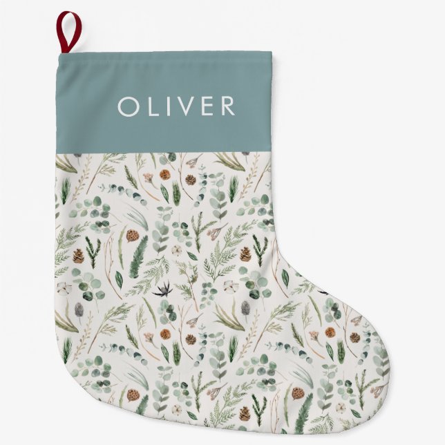 Dusty blue botanical elegant modern family gift large christmas stocking (Front)