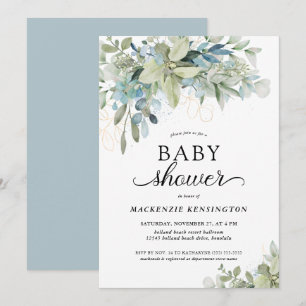 Dusty Blue Botanical Eucalyptus Baby Shower Invitation