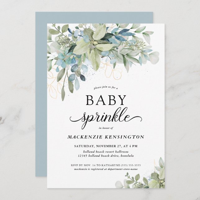 Dusty Blue Botanical Eucalyptus Baby Sprinkle Invitation (Front/Back)