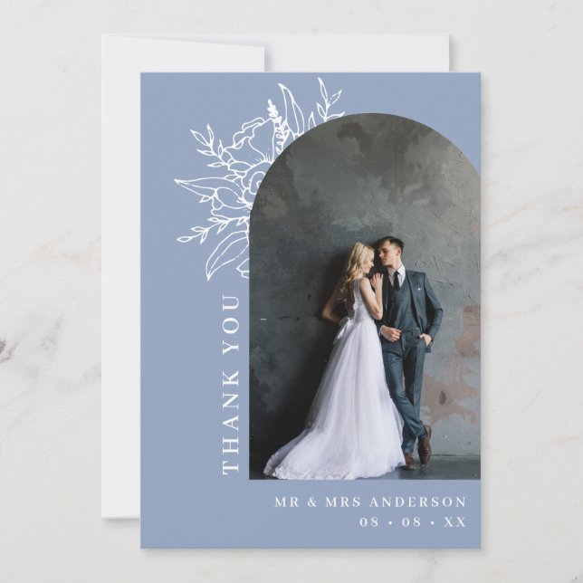 Dusty Blue Botanical Floral Arch Photo Wedding Thank You Card (Front)