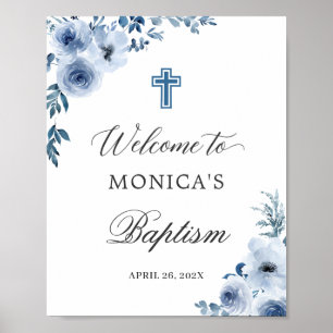 Dusty Blue Botanical Floral Baptism Welcome Sign