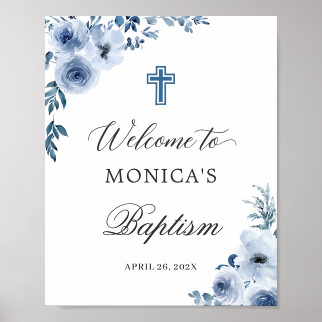 Dusty Blue Botanical Floral Baptism Welcome Sign (Front)