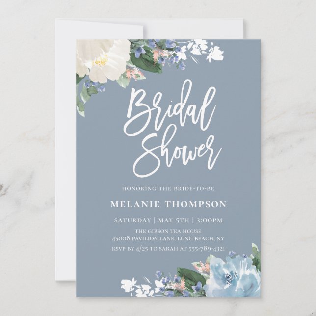 Dusty Blue Botanical Floral Bridal Shower Invitation (Front)