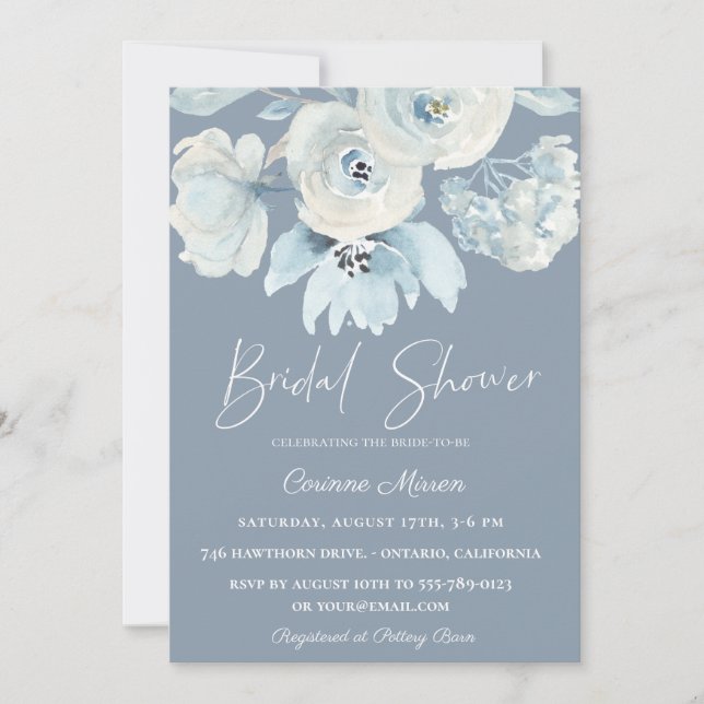 Dusty Blue Botanical Floral Bridal Shower Invitation (Front)