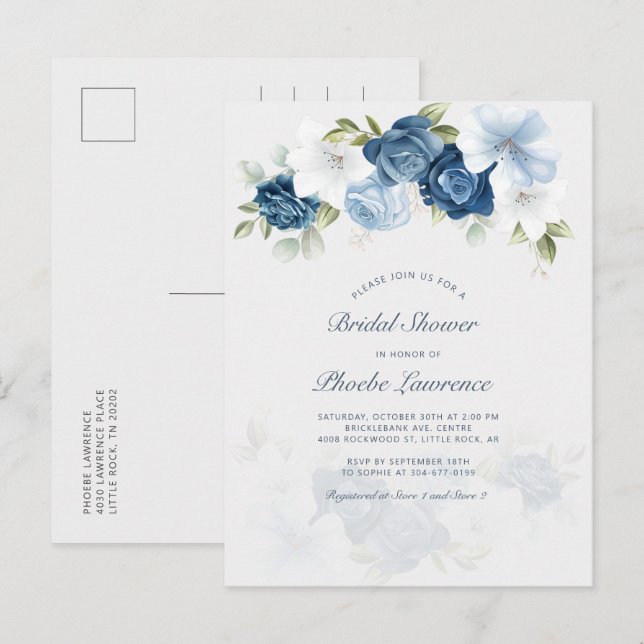 Dusty Blue Botanical Floral Bridal Shower Invitation Postcard (Front/Back)