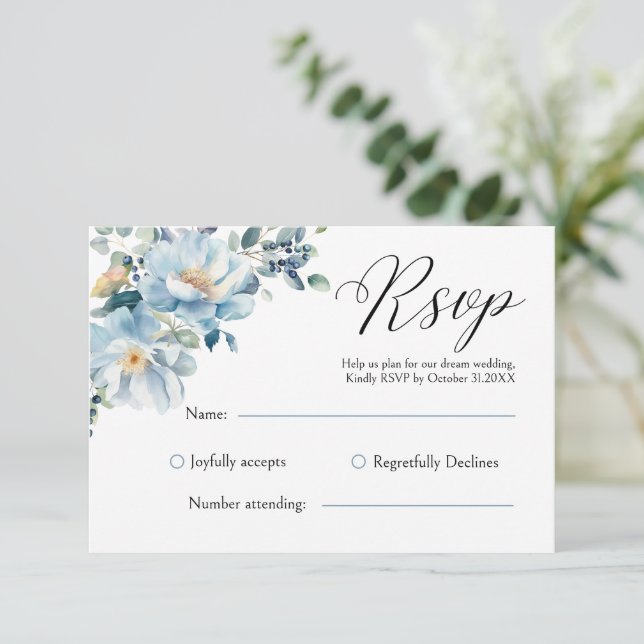 Dusty Blue Botanical Floral RSVP Card (Standing Front)