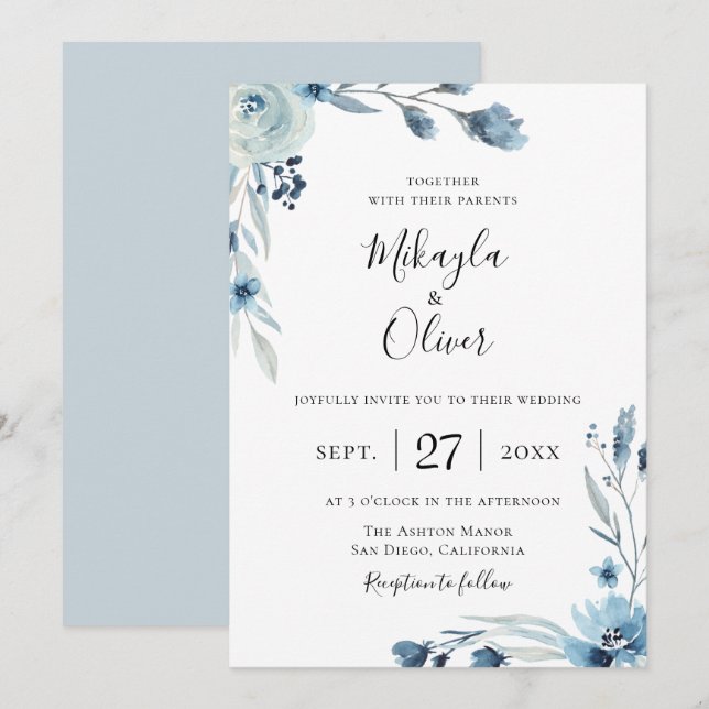Dusty Blue Botanical Floral Wedding Invitation (Front/Back)