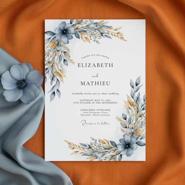 Dusty Blue Botanical Flourish Wedding Invitation (Creator Uploaded)
