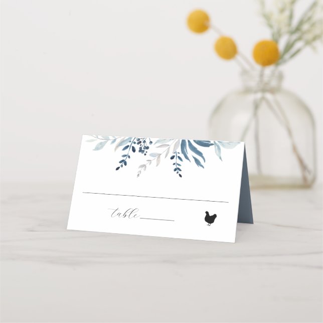 Dusty Blue Botanical Foliage Wedding Meal Icon Place Card (Front)