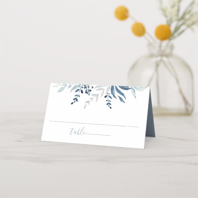 Dusty Blue Botanical Foliage Wedding Place Card (Front)