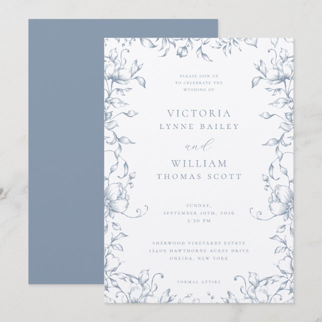 Dusty Blue Botanical Garden Floral Wedding Invitation (Front/Back)